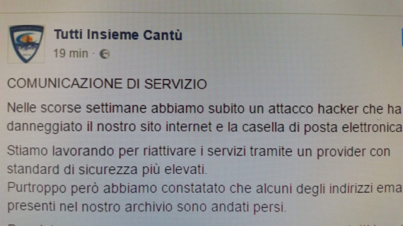 Attacco hacker al sito di “Tutti insieme Cantù”