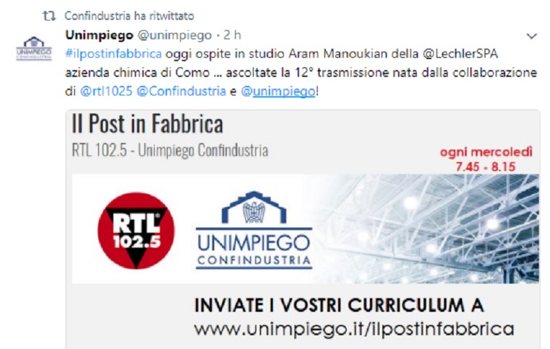 Il Post in Fabbrica di Rtl 1025 ospita la Lechler: “Cerchiamo personale”