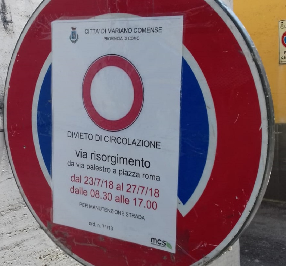 Lavori a Mariano: divieto di circolazione in via Risorgimento