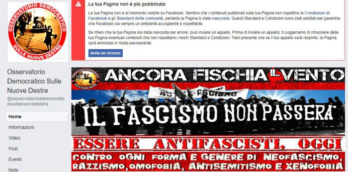 Facebook rimuove la pagina Osservatorio Democratico sulle nuove destre: “E’ gravissimo”