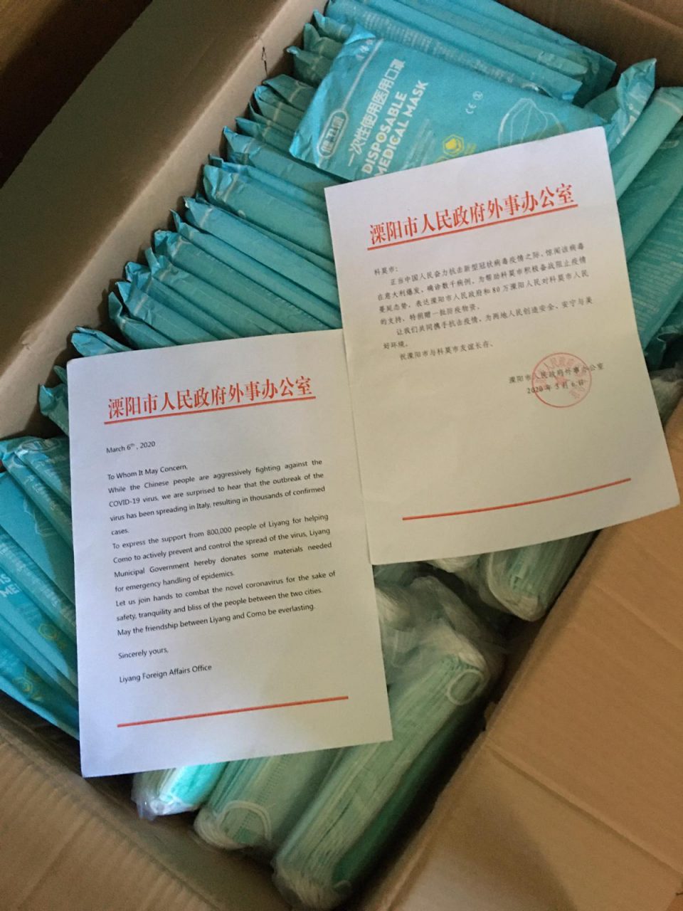 L’amicizia tra Como e Cina si vede nel momento del bisogno: donate da Liyang 2mila mascherine