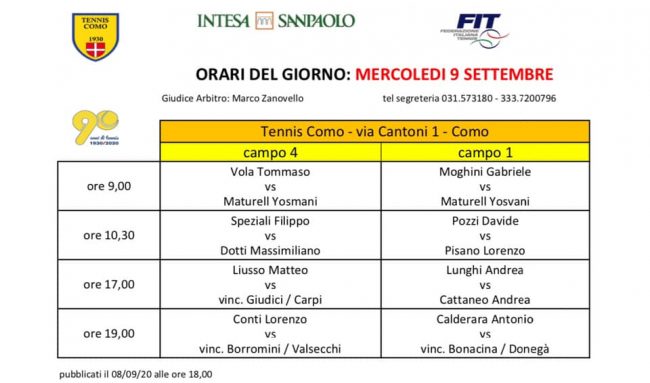 Tennis como partite del 9 settembre