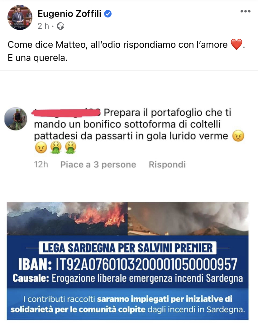 Incendi in Sardegna: Zoffili minacciato sul web
