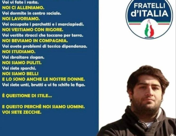 Raj Ducci prima il post shock, poi il pentimento: “Non penso ciò che ho detto”. Ma FdI lo espelle dal partito