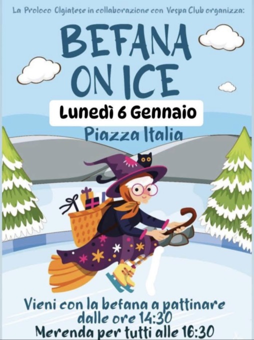 La Befana arriva sul ghiaccio della pista da pattinaggio