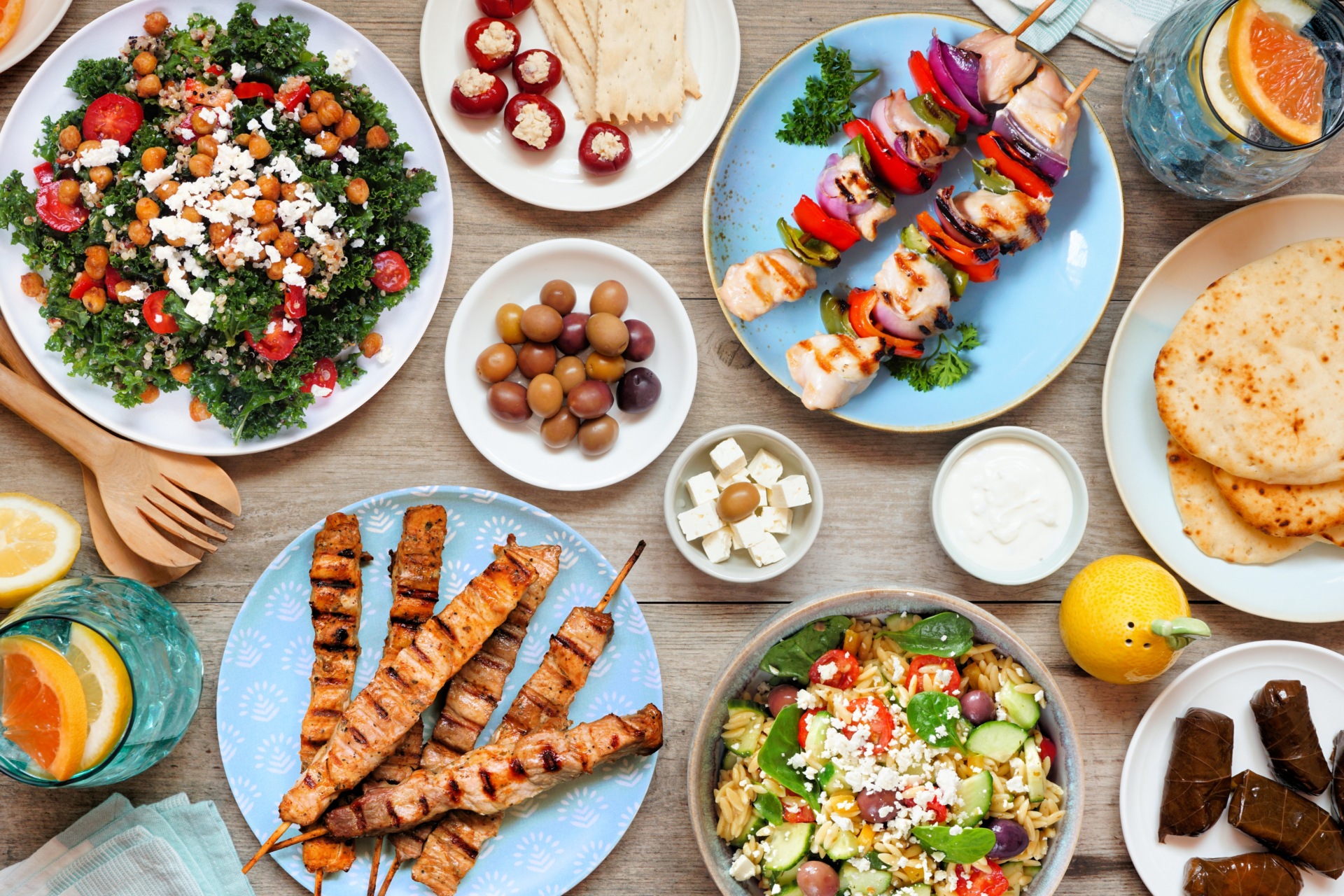 Summer,Mediterranean,Theme,Food,Table,Scene.,Overhead,View,On,A